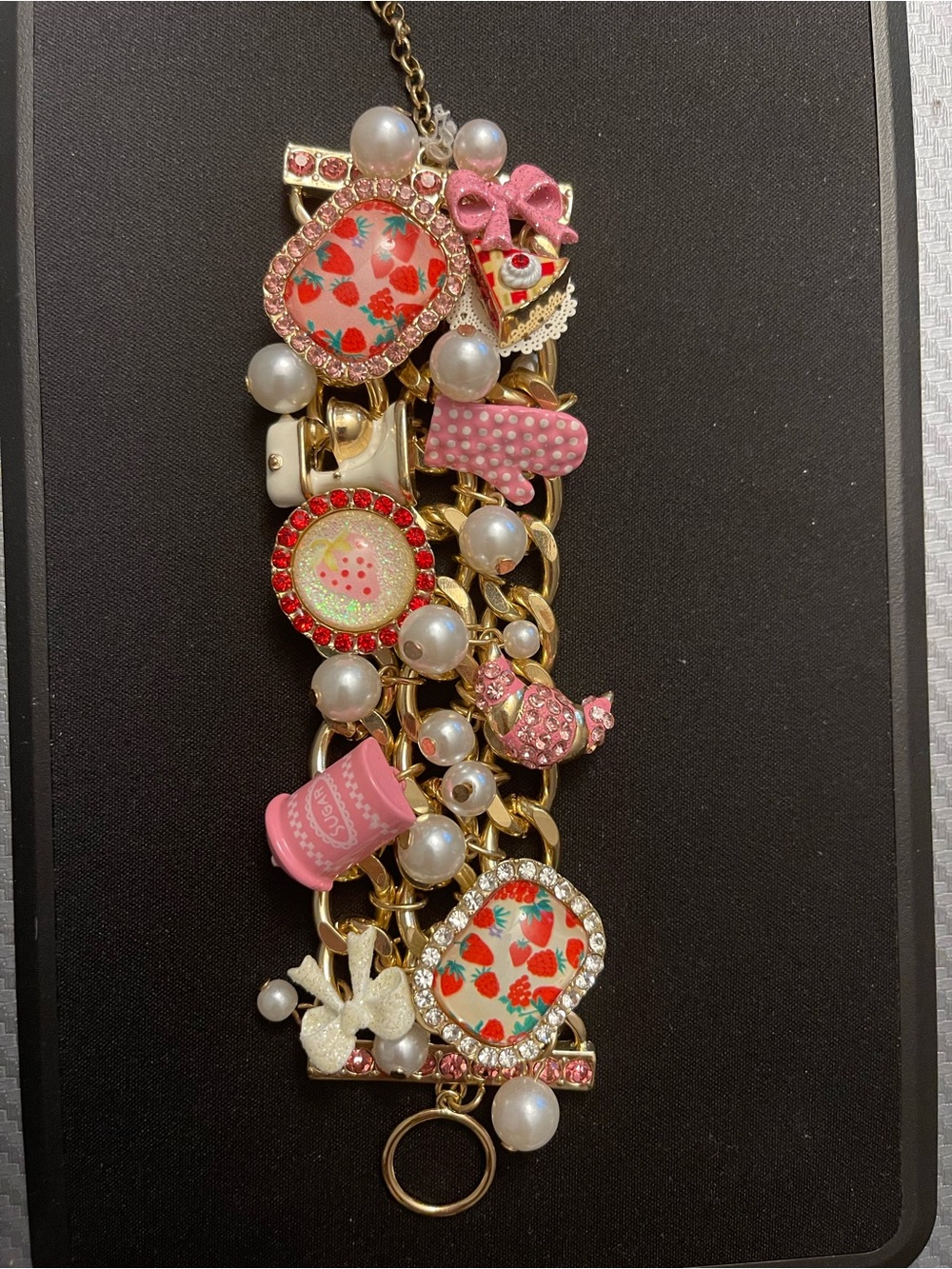 Gold-Tone Pink Strawberry Charm Bracelet with Pearls